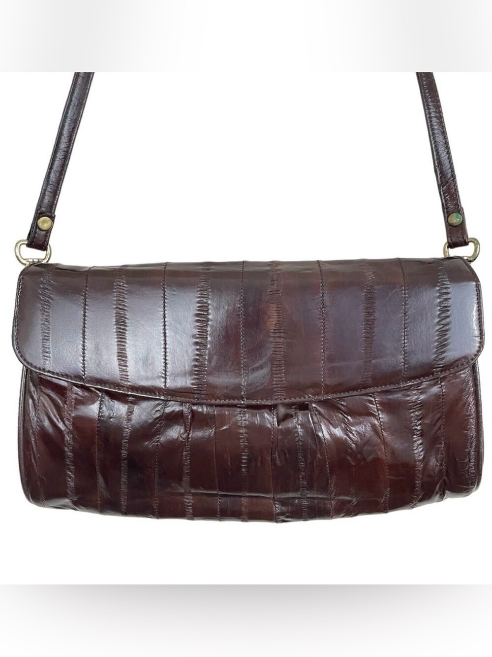 VTG Eel Skin Clutch Removable Shoulder Strap Chocolate Brown Flap
